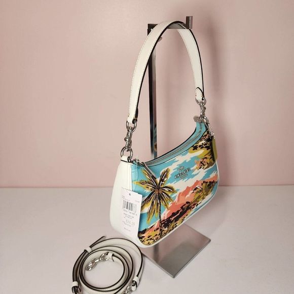 NWT Coach CJ598 Teri Shoulder Bag Hawaiian Print Canvas/Leather Blue Mul… - Picture 3 of 7